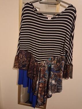 White & Black Striped Mixed-Print Women's Top with Blue Accents